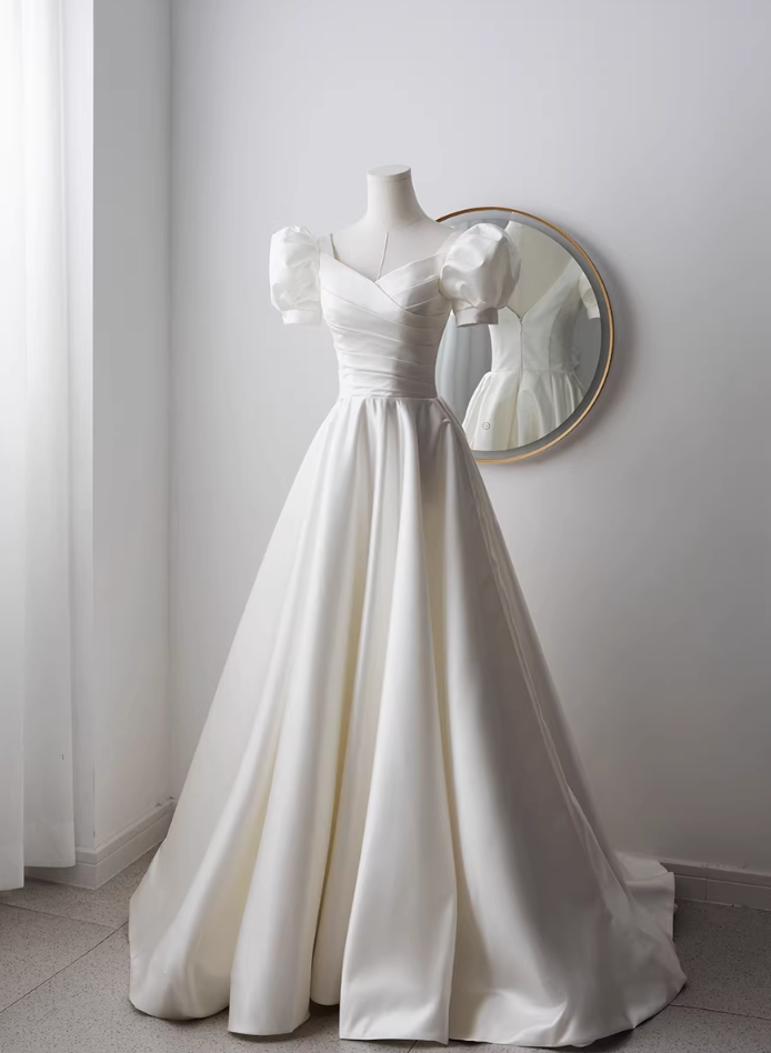 ウェディングドレス パフスリーブ ハンドドレープ ロイヤルサテン フレアスカート ファスナー 結婚式