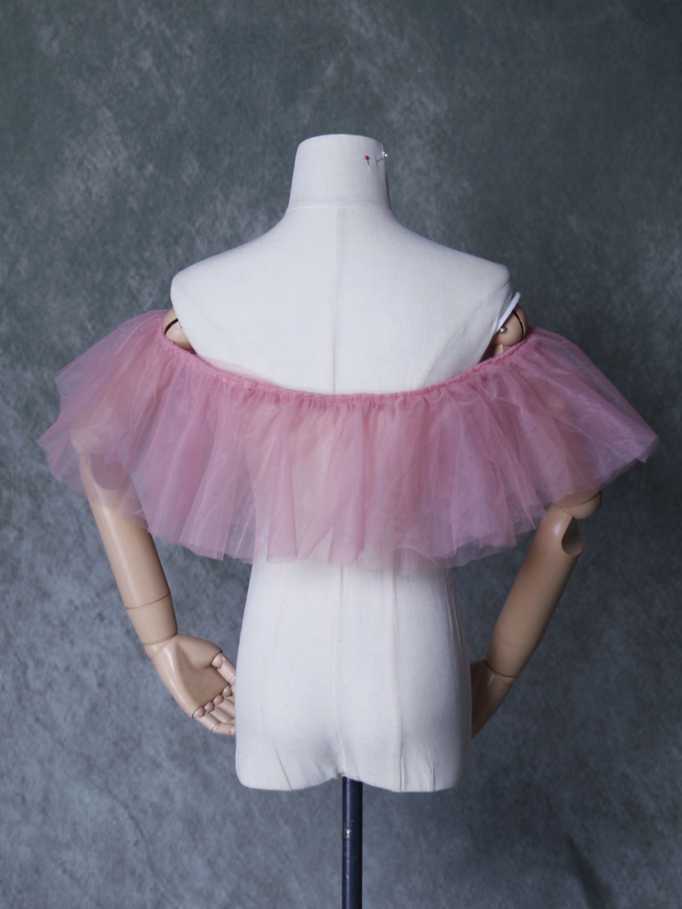 オフショルダー ピンク ソフトチュール デザイン感 ストレッチ ウエディングドレス