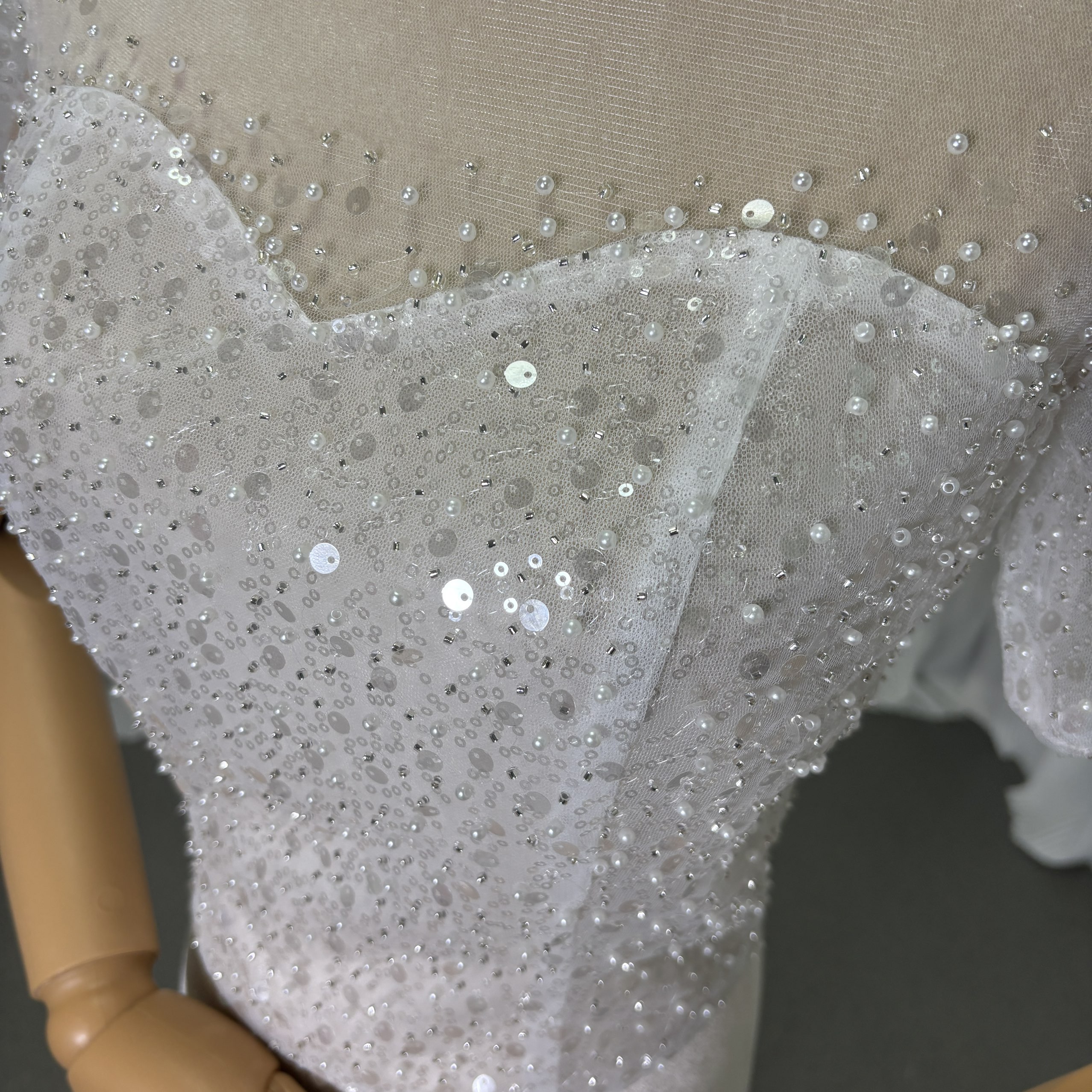 トップス 短袖 シークインチュール パール ハンドメイド 編み上げ 結婚式/ウェディングドレス