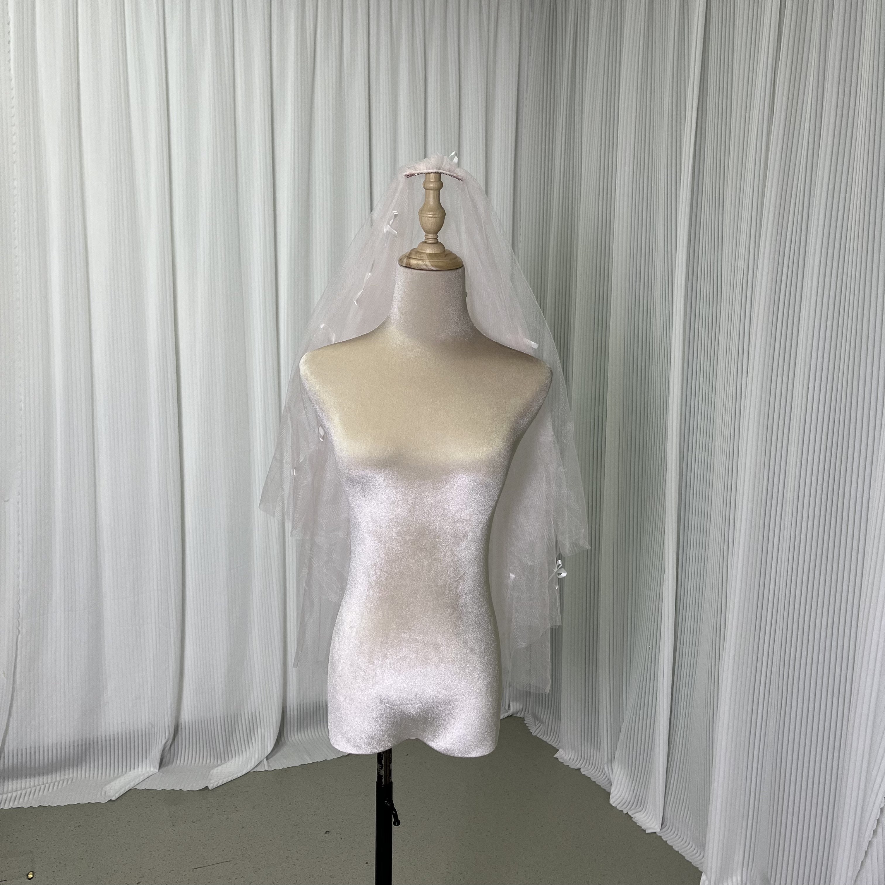 ショートベール 可愛い ピンク リボン ソフトチュール コーム付き 花嫁/ウェディングドレス