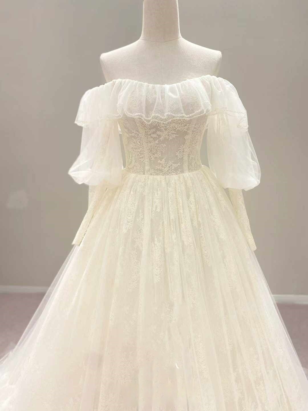 フランス風 ウエディングドレス アンティークなドレス オフショルダー 贅沢な小花総レース 前撮り