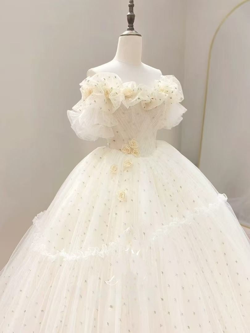 カラードレス 薄シャンパンの色 オフショルダー ソフトチュール プリンセスライン 二次会/前撮り