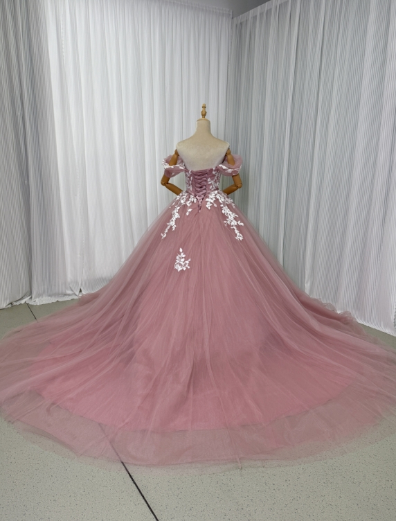 カラードレス ピンク オフショルダー エレガントレース Aライン 編み上げ 披露宴