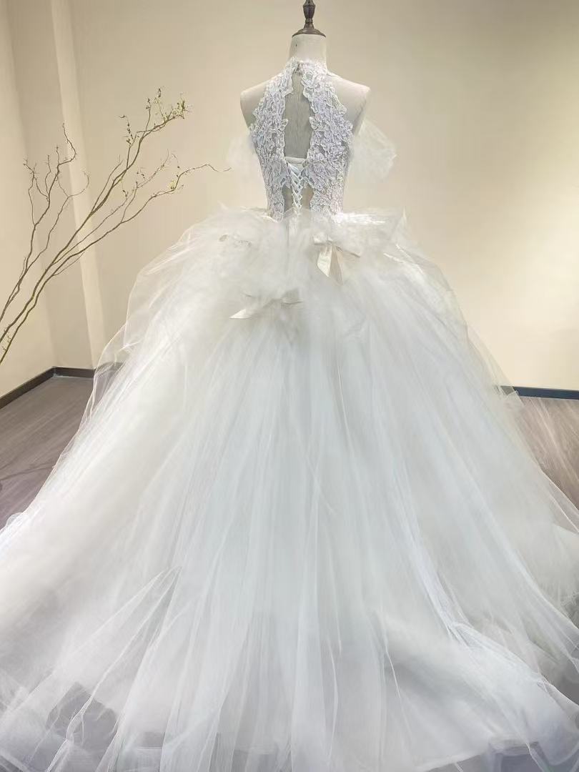 ウェディングドレス ホルターネック オフショルダー プリンセスライン 美しい花レース 結婚式