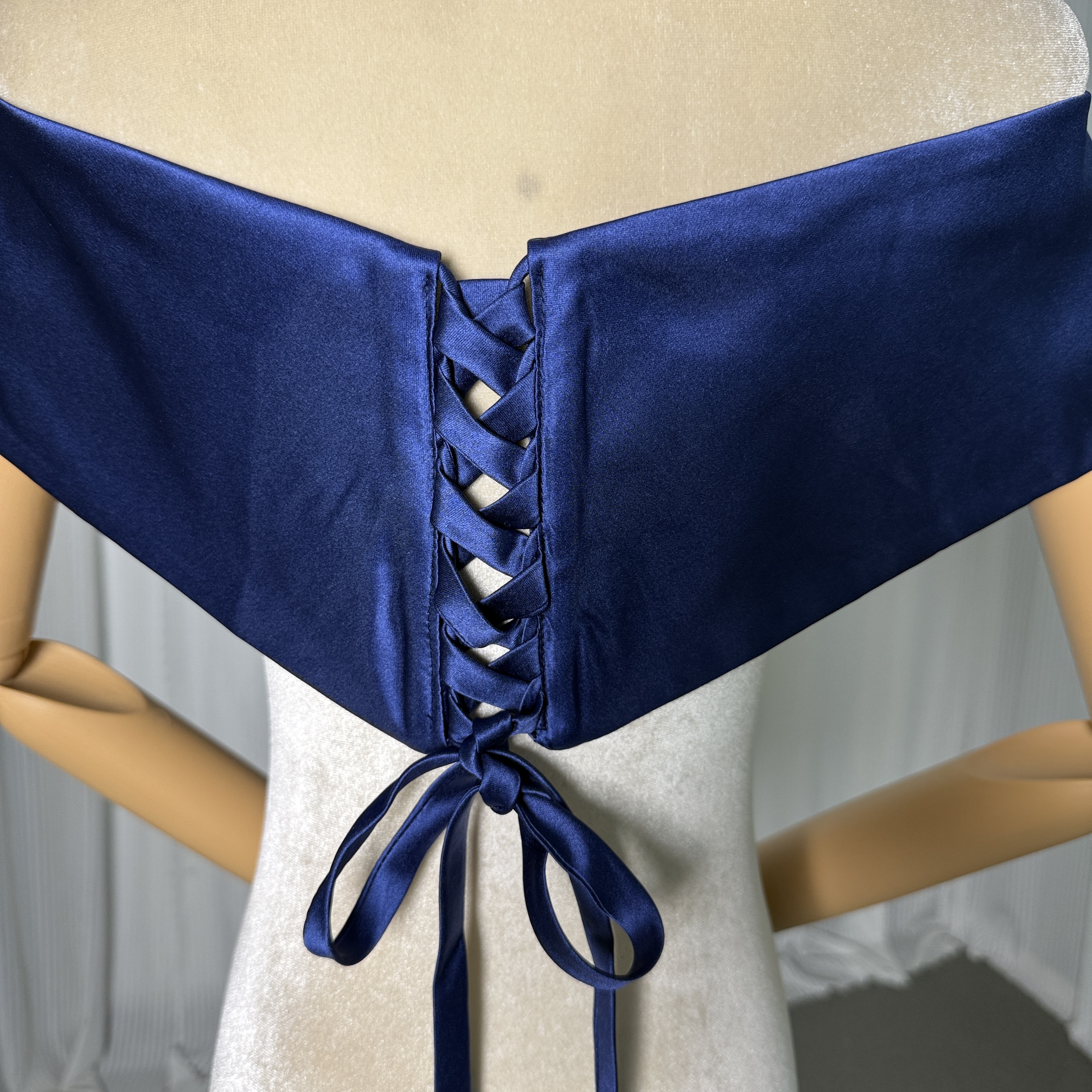 ネイビー 取り外しオフショルダー 光沢サテン オーダーメイド可能 お色直し 編み上げ