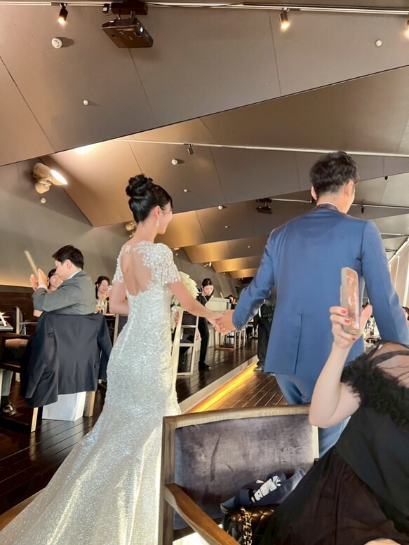 実例写真！豪華！ウェディングドレス ビジュー 短袖 編み上げ 韓国風ドレス マーメイド グリッタードレス 結婚式