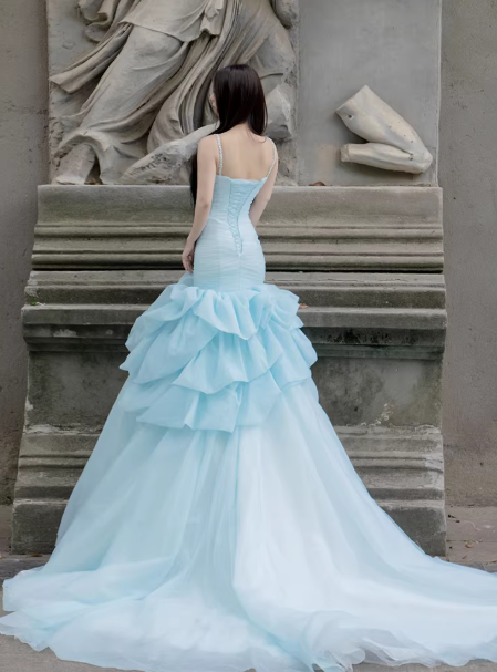 高品質！カラードレス ブルー キャミソール ベアトップ マーメイドライン デザイン感 ラッフルフリル 前撮り