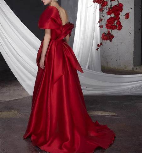 カラードレス ボルドー色 オフショルダー ハンドドレープ フロントスリット ミニトレーン 披露宴