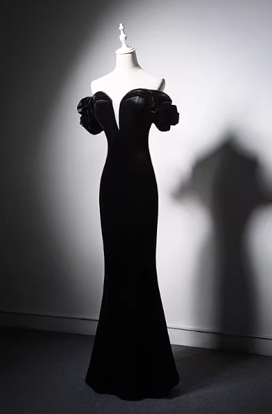 パーティードレス ブラック オフショルダー フリル袖 ビロード マーメイドライン ロング 披露宴