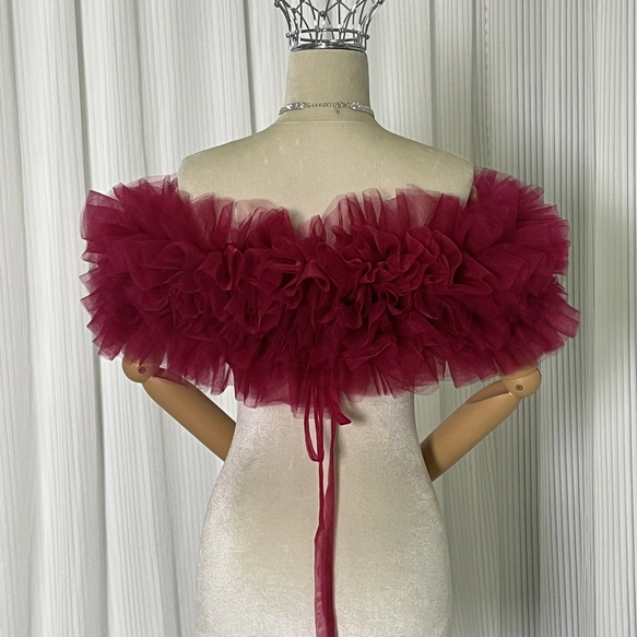 実例写真！取り外しオフショルダーのみ ワインレッド ソフトチュール 編み上げ 花嫁