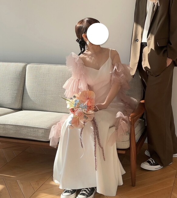 実例写真！トップスのみ 薄ピンク ソフトチュール ラッフルフリル 前撮り