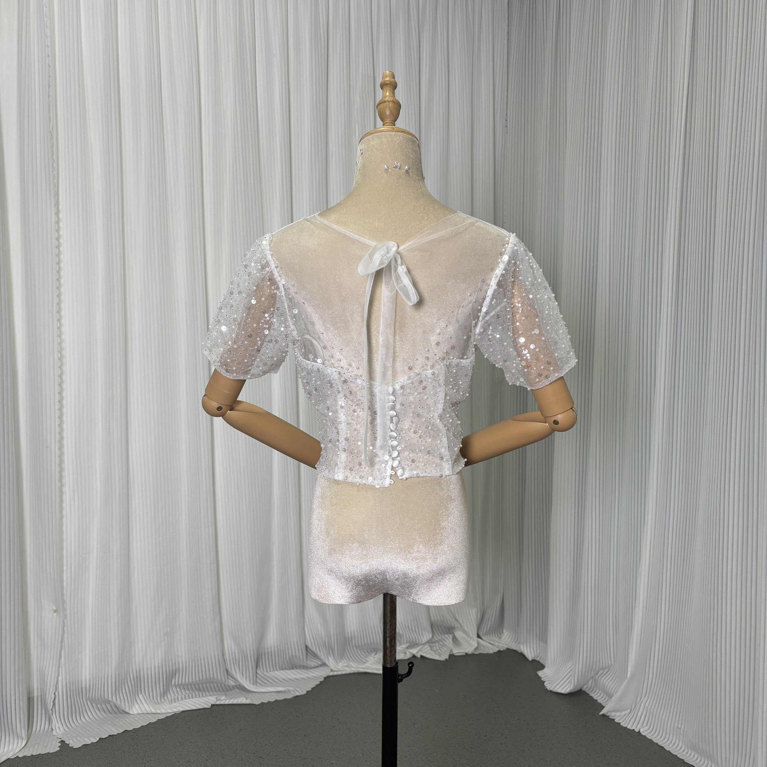 トップス 短袖 シークインチュール パール ハンドメイド 編み上げ 結婚式/ウェディングドレス