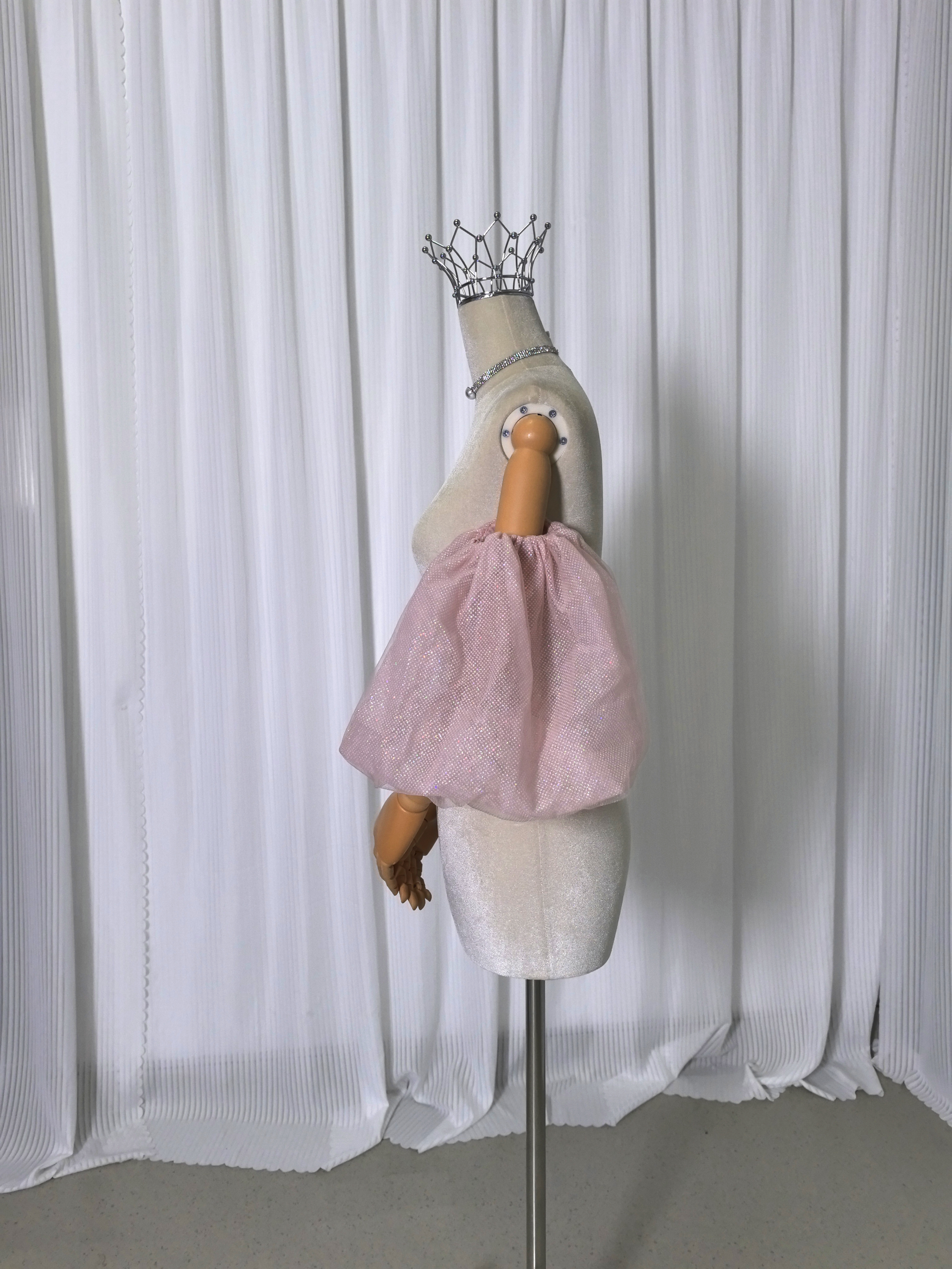 薄ピンク パフスリーブ キラキラグリッターチュール 取り外し袖 ストレッチ 花嫁/ウェディングドレス