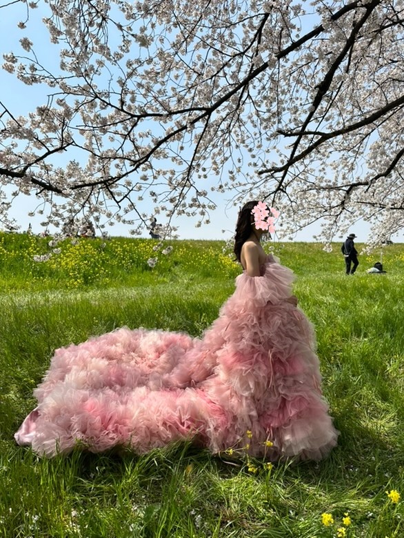 実例写真！カラードレス ピンク グラデーション ベアトップ パフスリーブ もこもこドレス 華やかなトレーン 花嫁