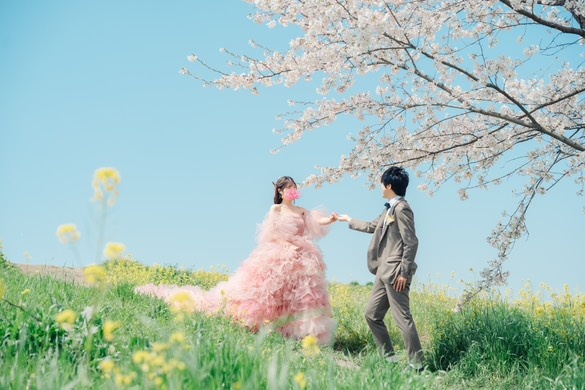 実例写真！カラードレス ピンク もこもこドレス リボン 編み上げ 披露宴 花嫁 可愛い