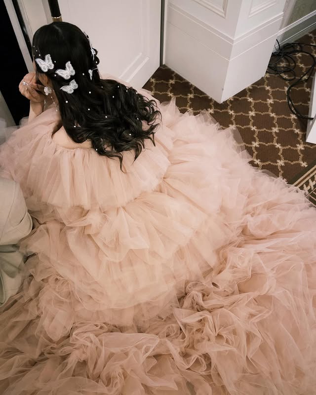 実例写真！3waysくすみピンクカラードレス  ふわふわ  もこもこチュールドレス 　色オーダー可能　披露宴  前撮り　ウエディングドレス 