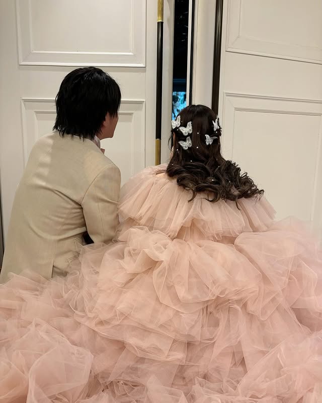 実例写真！3waysくすみピンクカラードレス  ふわふわ  もこもこチュールドレス 　色オーダー可能　披露宴  前撮り　ウエディングドレス 