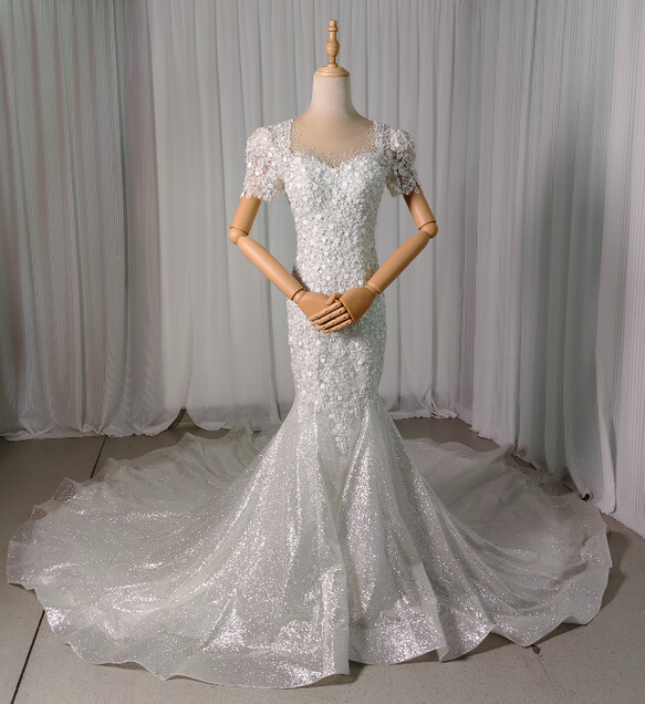 実例写真！豪華！ウェディングドレス ビジュー 短袖 編み上げ 韓国風ドレス マーメイド グリッタードレス 結婚式