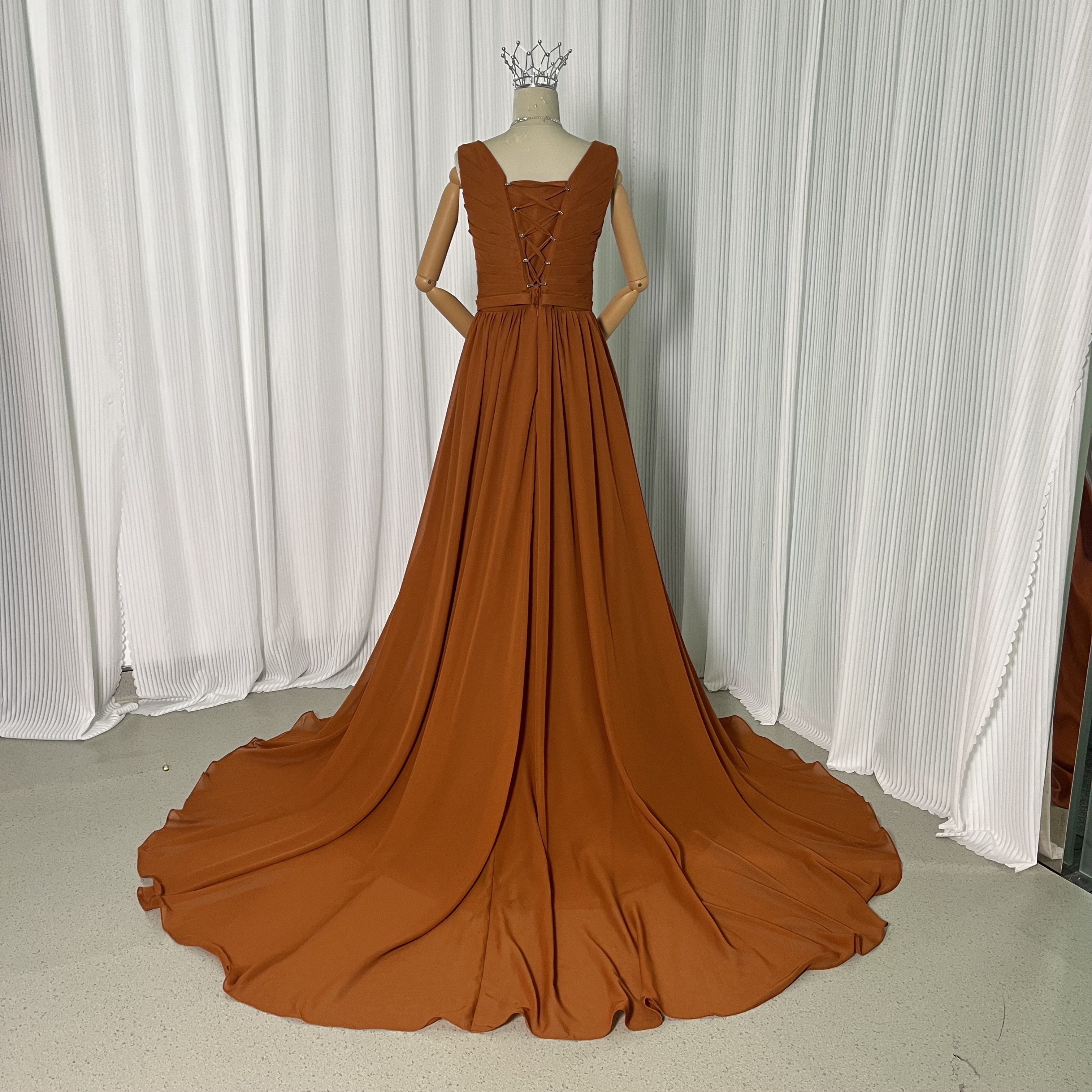 パーティードレス Vネック テラコッタ 編み上げ お呼ばれ/二次会/前撮り