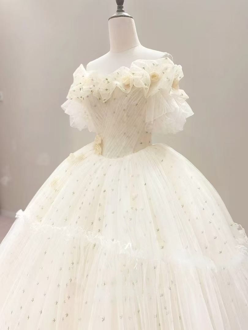 カラードレス 薄シャンパンの色 オフショルダー ソフトチュール プリンセスライン 二次会/前撮り