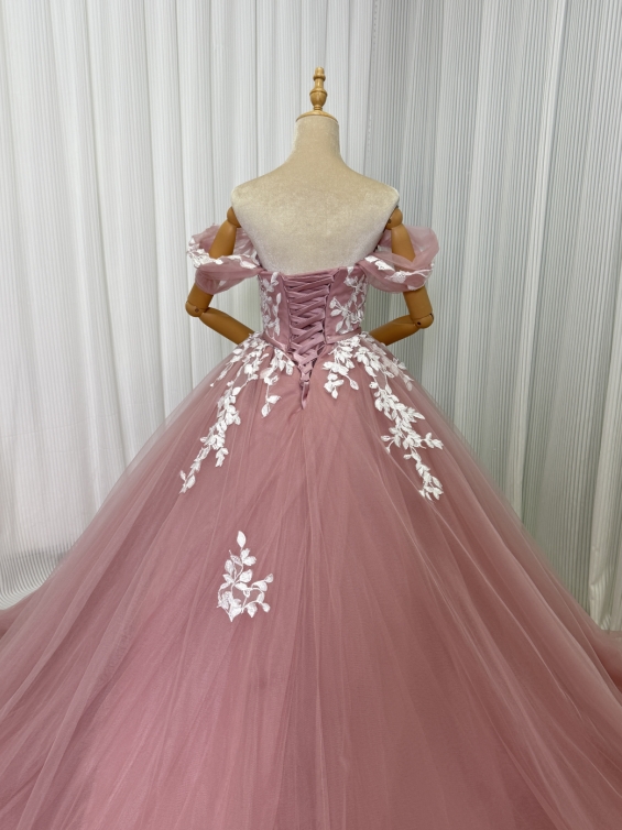 カラードレス ピンク オフショルダー エレガントレース Aライン 編み上げ 披露宴