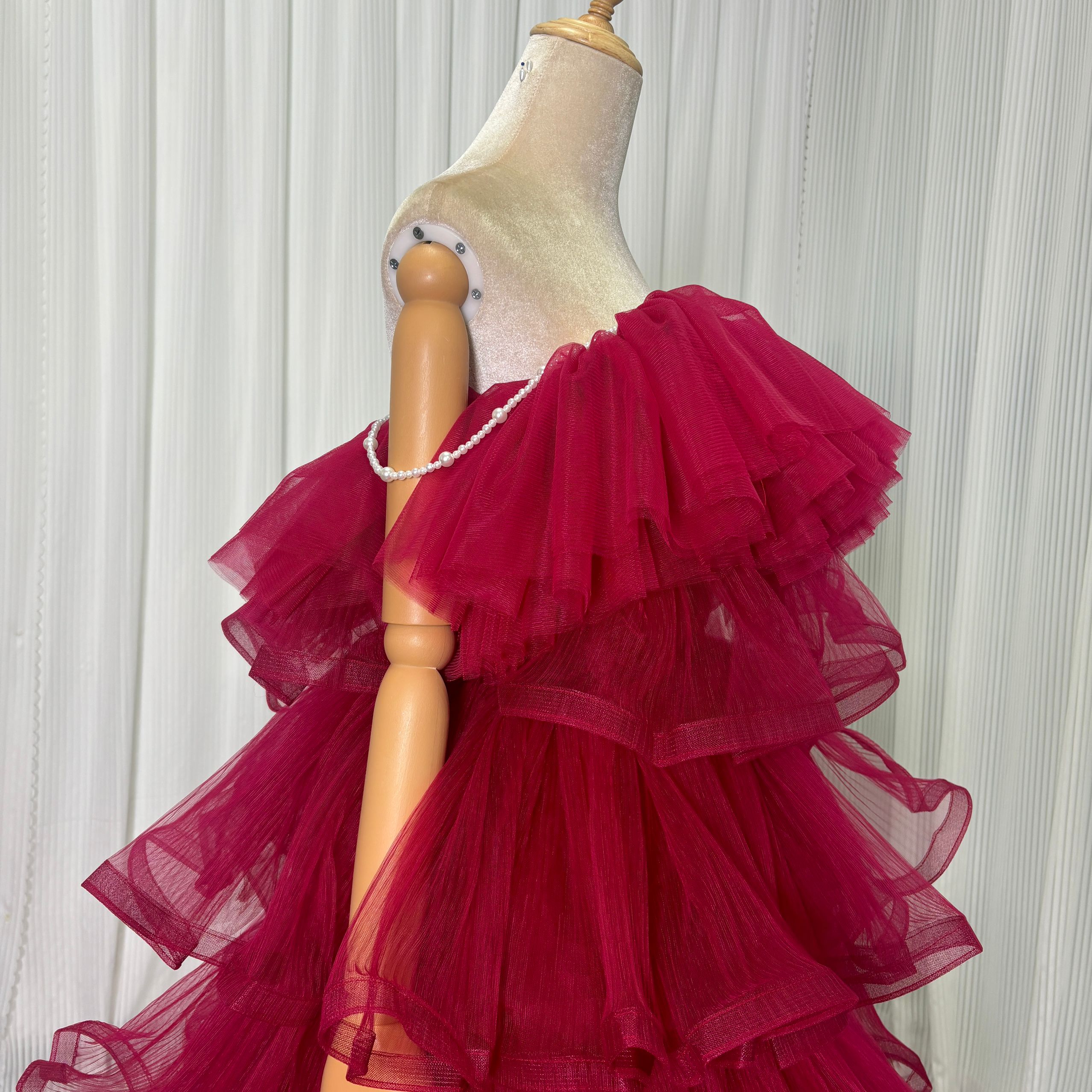 カラードレス ボルドー色 ビーズキャミソール ティアードのドレス ロング ラッフルフリル 前撮り 二次会