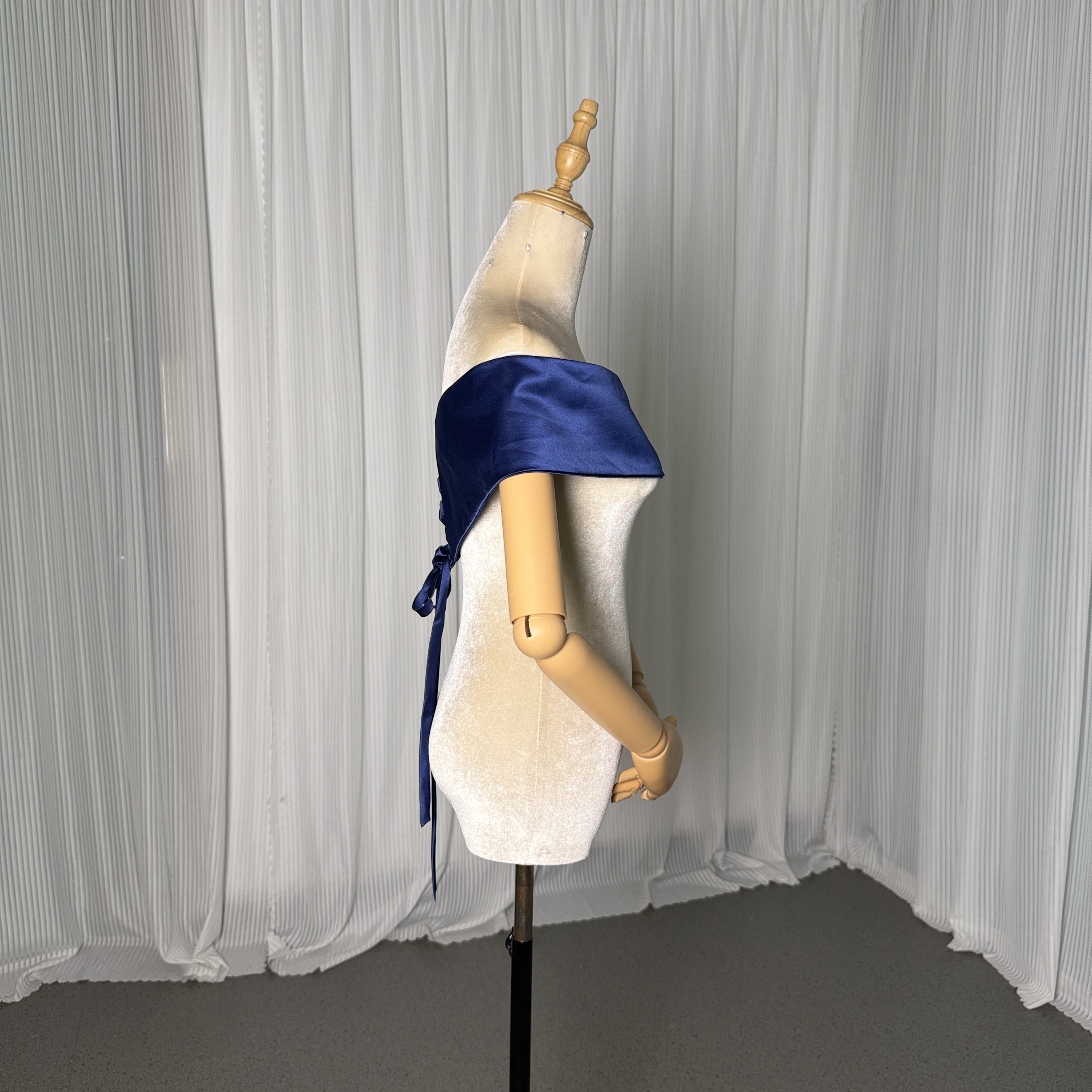 ネイビー 取り外しオフショルダー 光沢サテン オーダーメイド可能 お色直し 編み上げ