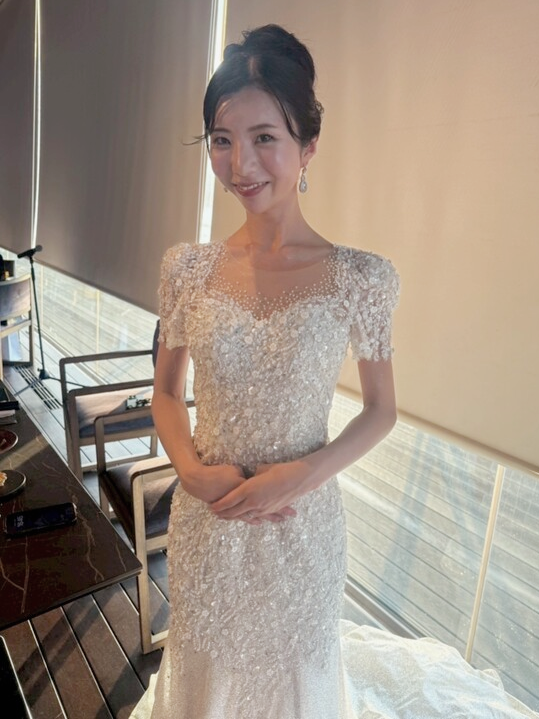 実例写真！豪華！ウェディングドレス ビジュー 短袖 編み上げ 韓国風ドレス マーメイド グリッタードレス 結婚式
