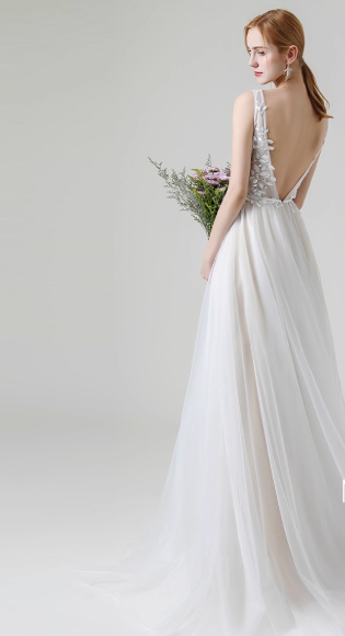 ウェディングドレス Vネック リーフ刺繍 ノースリーブ 背中見せ ふわふわドレス 結婚式/披露宴