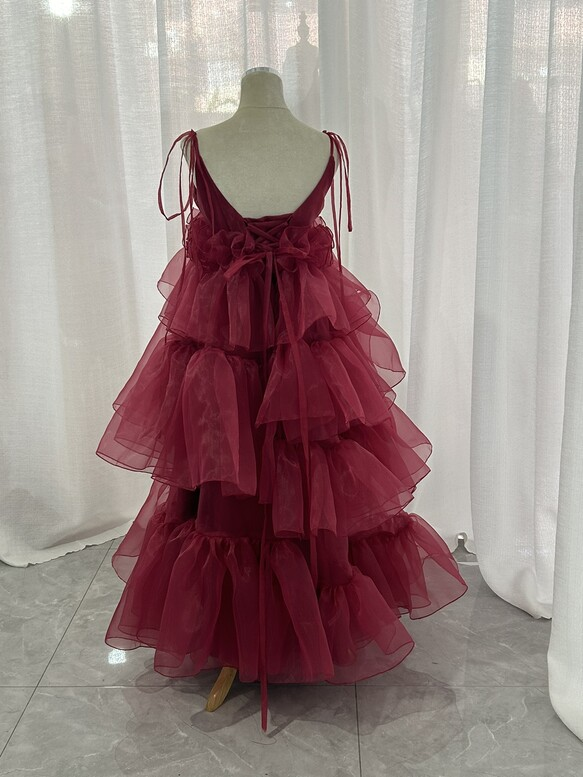 実例写真！ボルドー色 カラードレス キャミソール 上質オーガンジー デザイン感 可愛い 編み上げ 前撮り