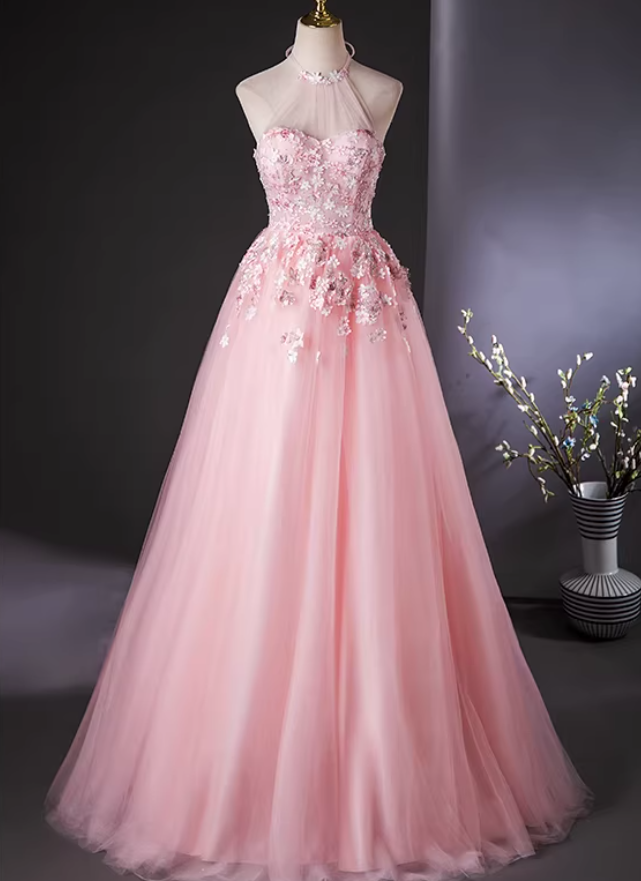 上品！カラードレス ピンク ホルターネック 花モチーフ フレアスカート 編み上げ ロング 披露宴