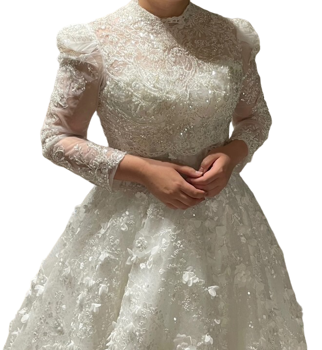 実例写真！ボレロのみ ウェディングドレス 七分袖 キラキラ光る刺繍 くるみボタン 結婚式 花嫁