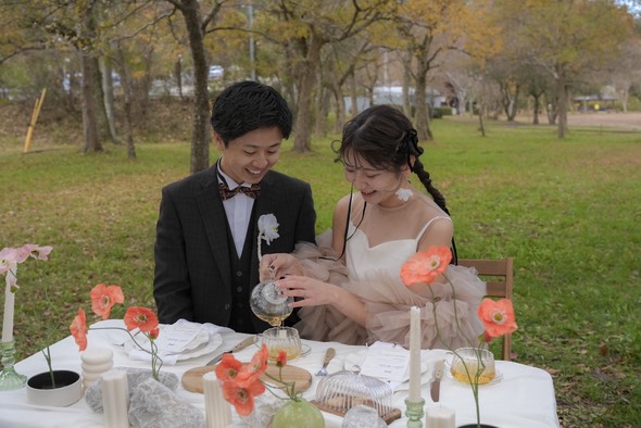 実例写真！トップスのみ あんず色 ソフトチュール ふわふわ袖 ラッフルフリル 前撮り