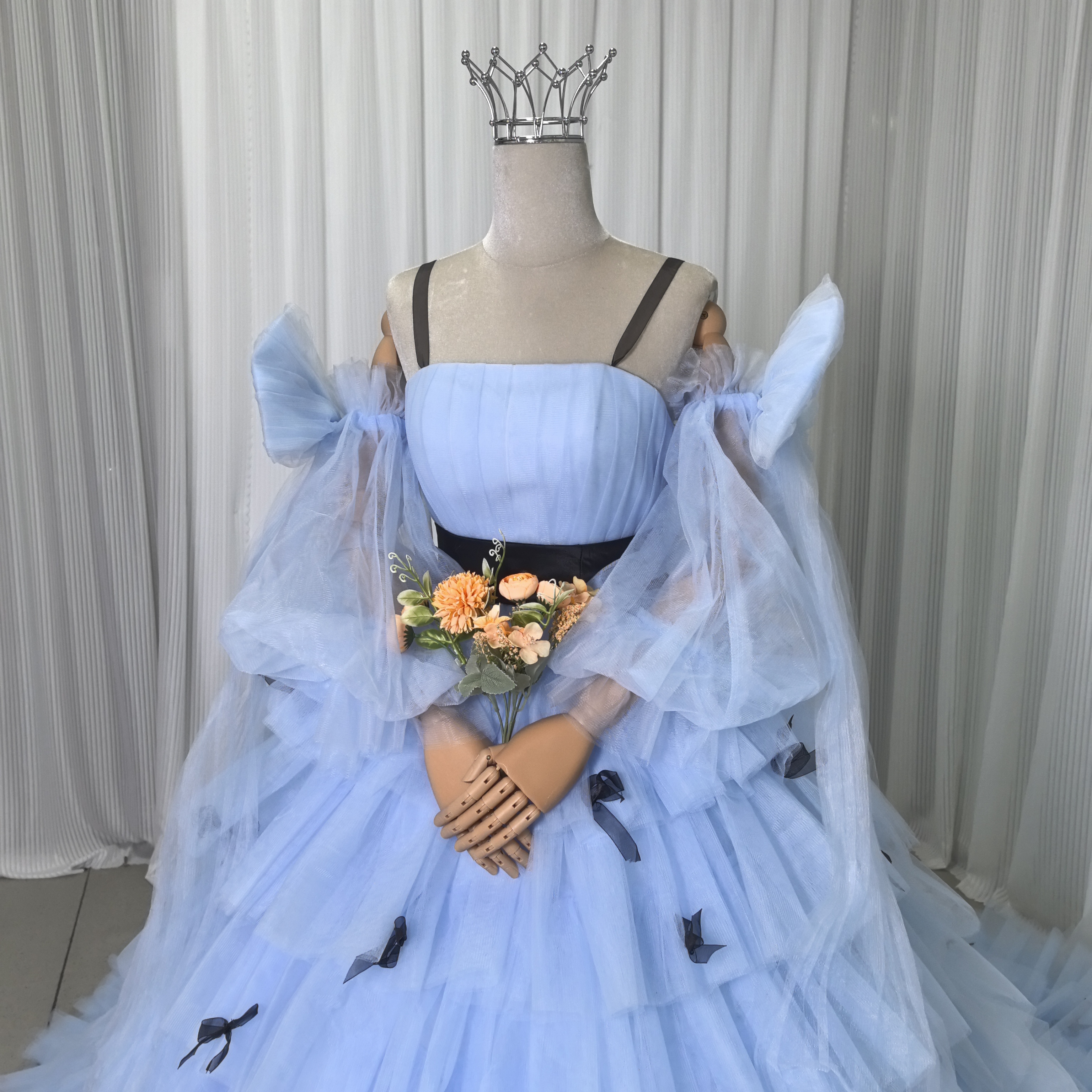 カラードレス プリンセスライン ブルー フリル リボン パール 前撮り カラードレス プリンセスライン ロングドレス ブルー フリル リボン