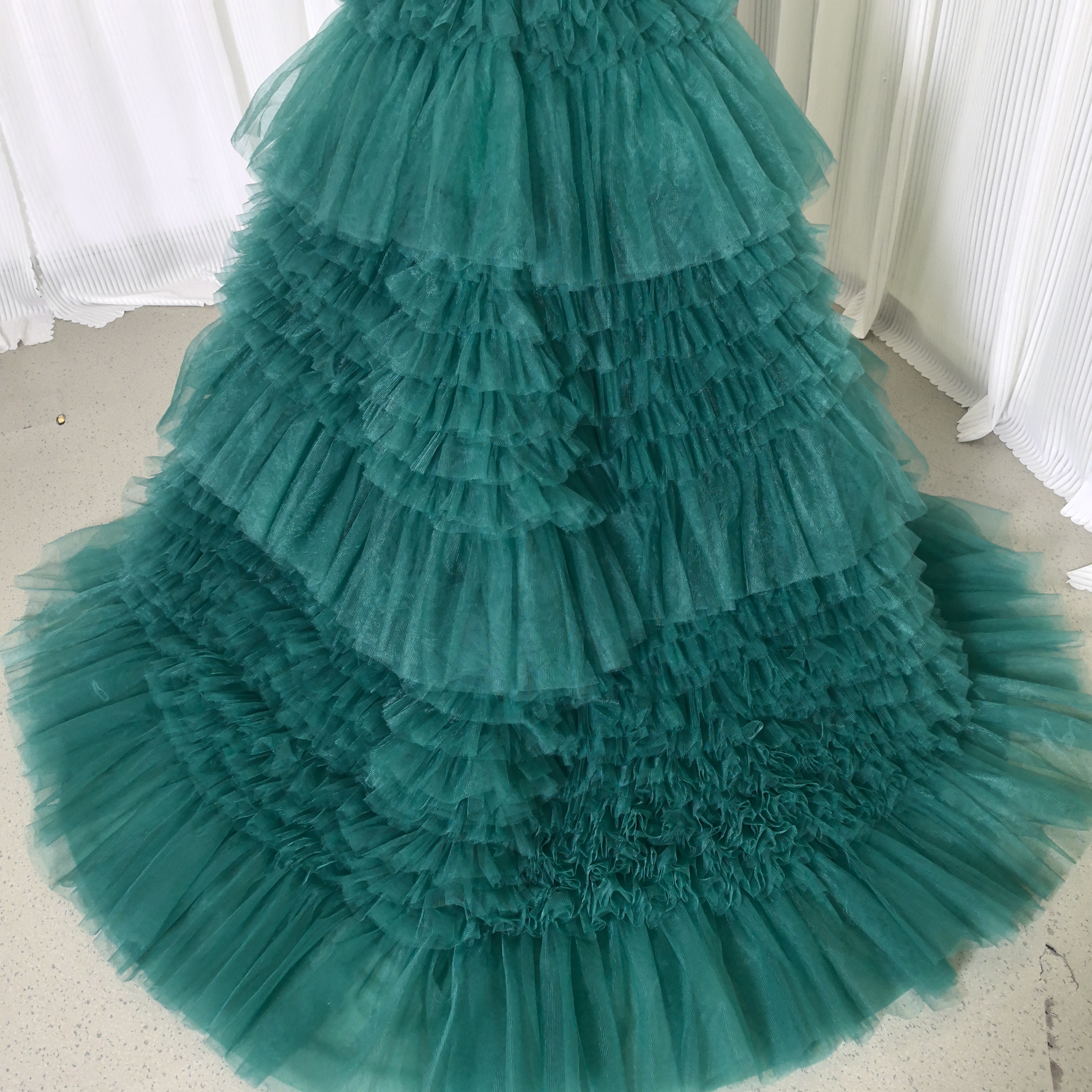 豪華！カラードレス+トップス ブルーグリーン 柔らかく重ねたチュールスカート 短トレー 前撮り 演奏会/音楽会