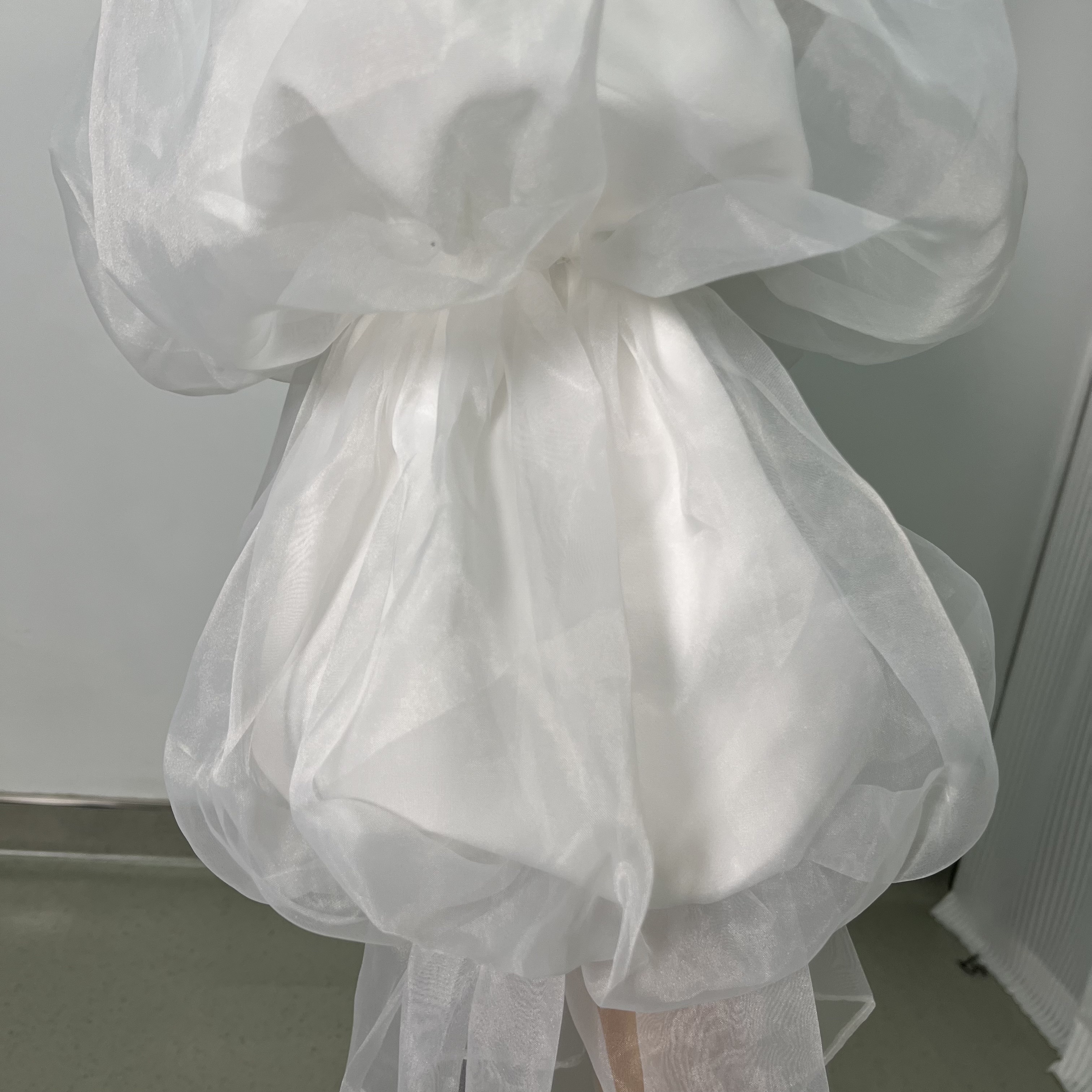 姫袖 オーガンジー クレープ生地 可愛い オフホワイト 色直し パフスリーブ 花嫁 ウェディングドレス