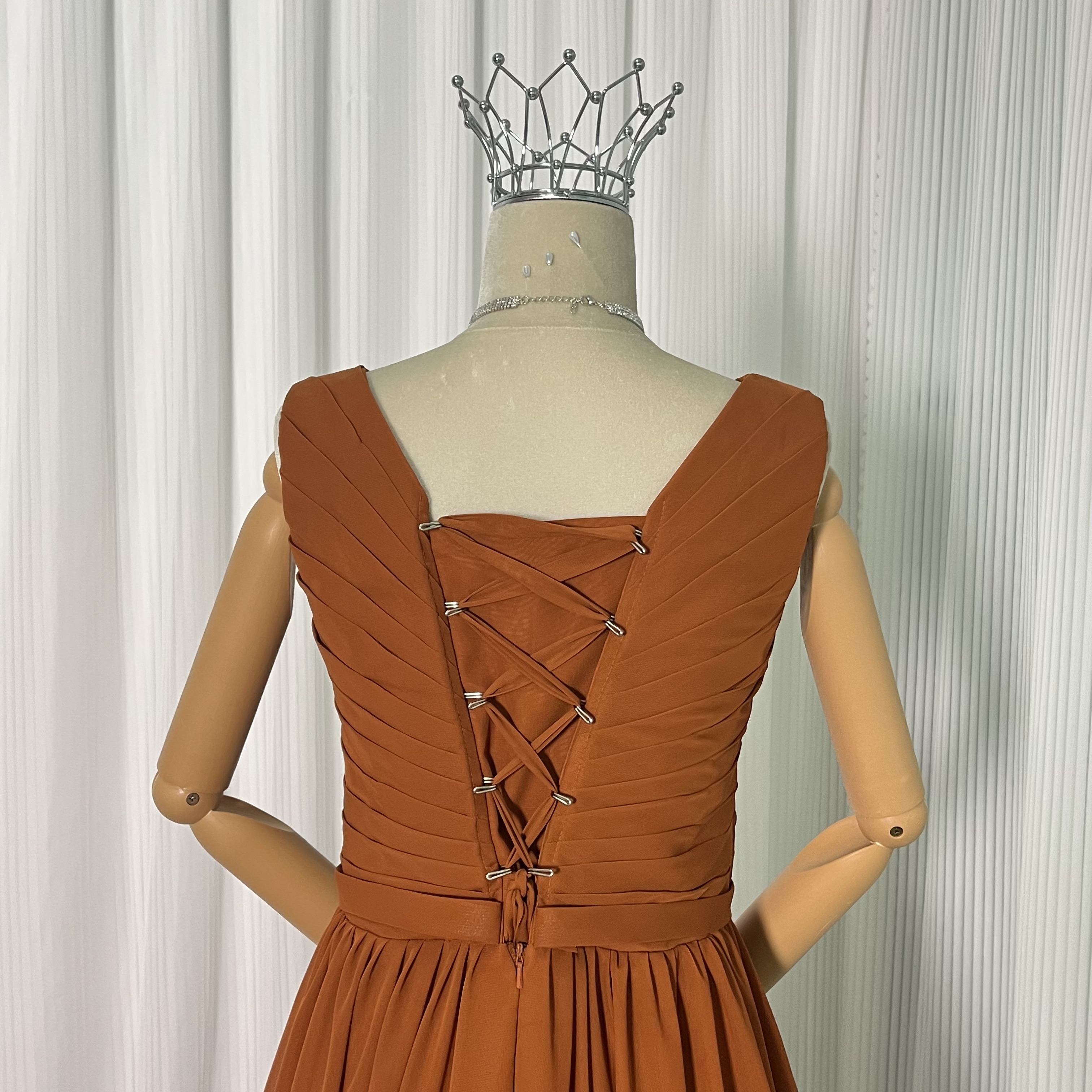 パーティードレス Vネック テラコッタ 編み上げ お呼ばれ/二次会/前撮り