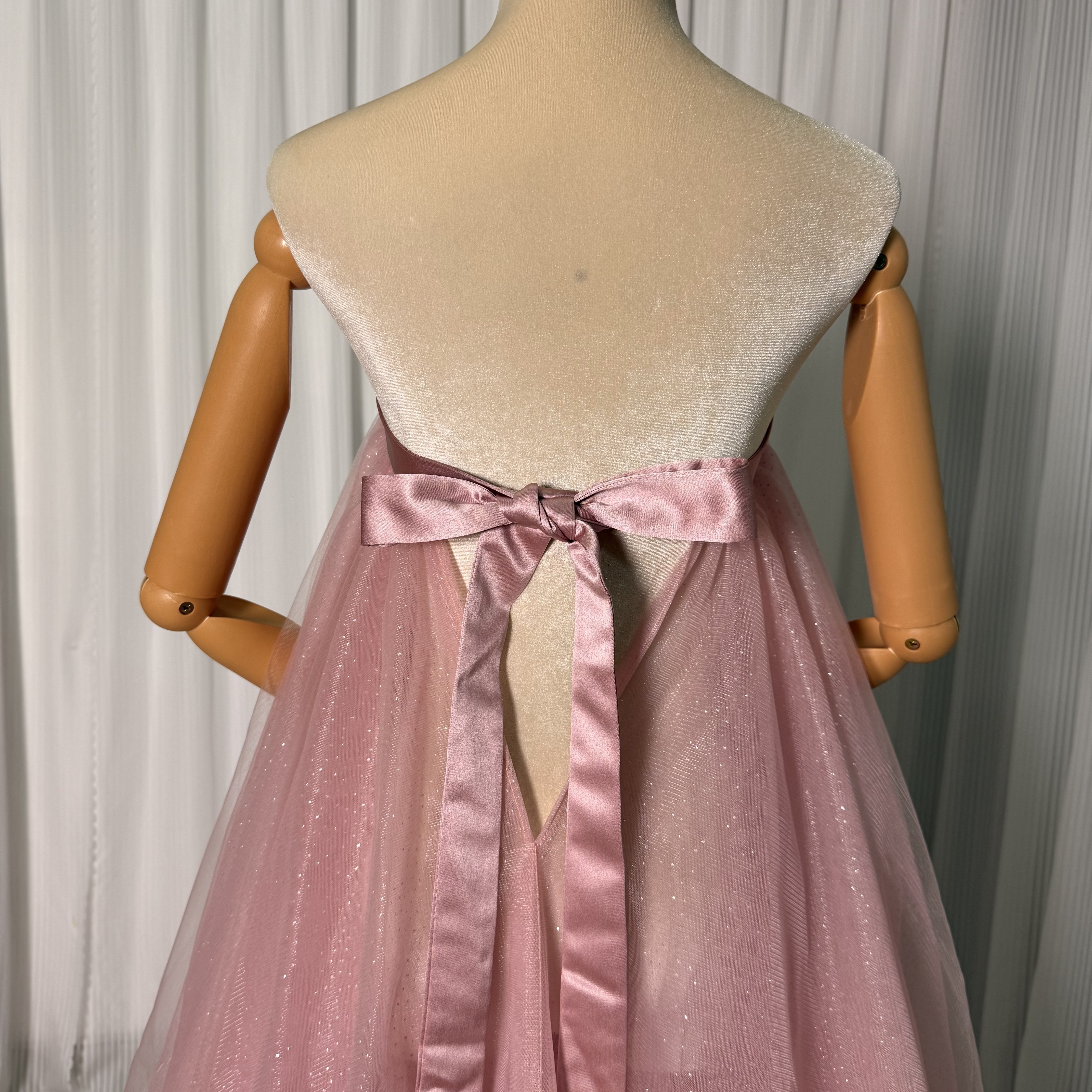 オーバードレス 韓国風 ピンク ベアトップ キラキラグリッターチュール リボン 花嫁/ウェディングドレス 前撮り