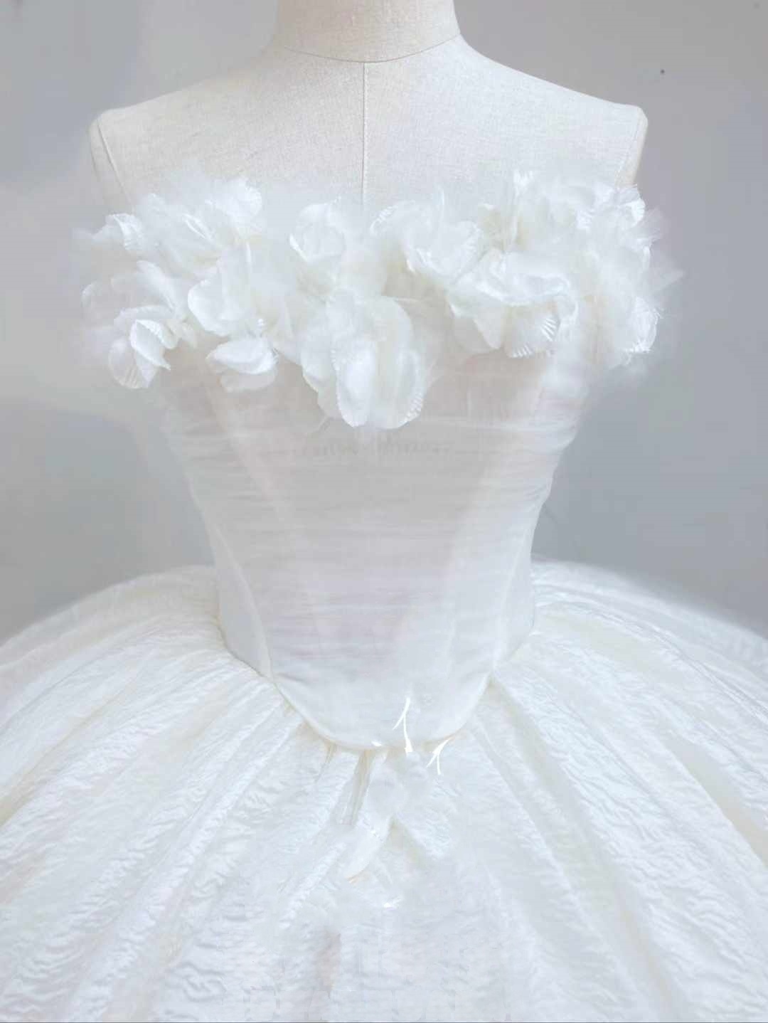 上品！ウエディングドレス プリント模様 ベアトップ フリルドレス オフホワイト プリンセスライン 花嫁