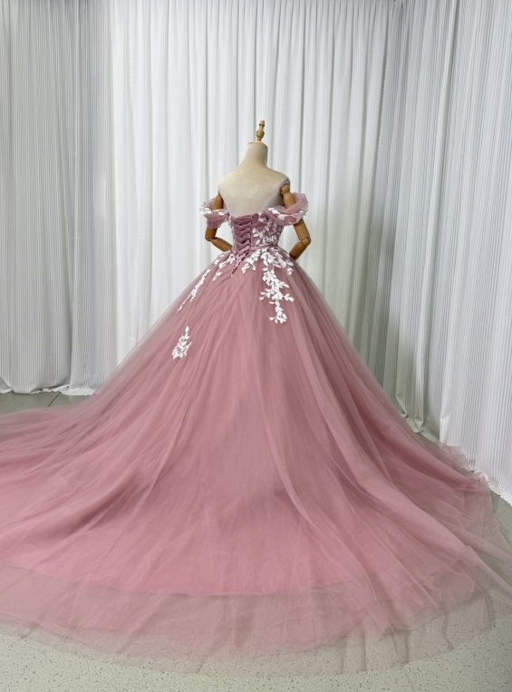 カラードレス ピンク オフショルダー エレガントレース Aライン 編み上げ 披露宴