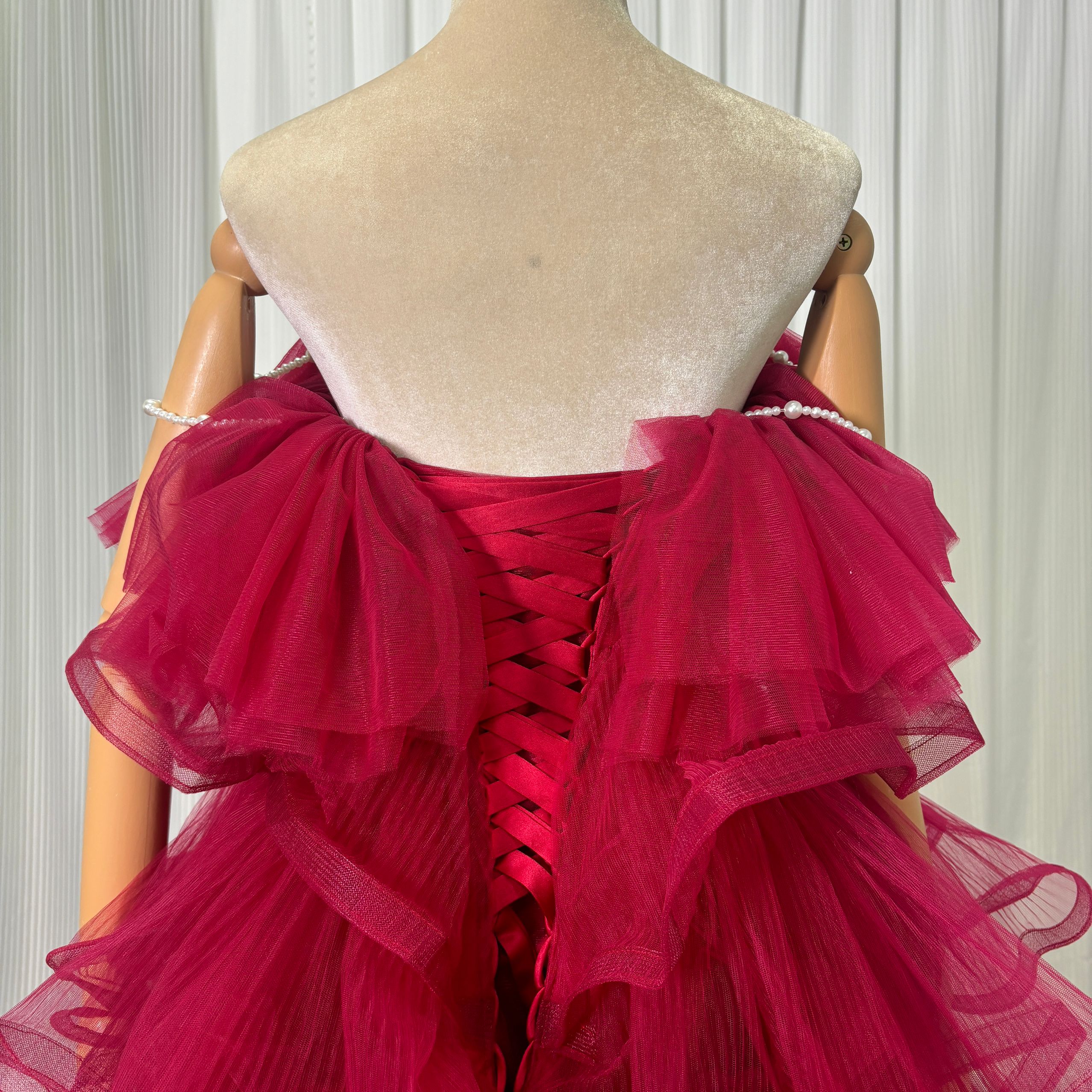 カラードレス ボルドー色 ビーズキャミソール ティアードのドレス ロング ラッフルフリル 前撮り 二次会