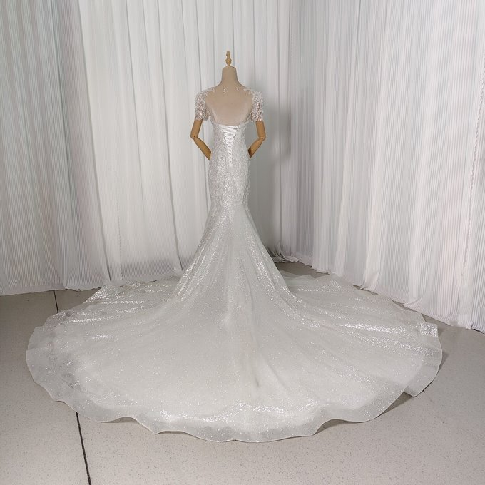 実例写真！豪華！ウェディングドレス ビジュー 短袖 編み上げ 韓国風ドレス マーメイド グリッタードレス 結婚式