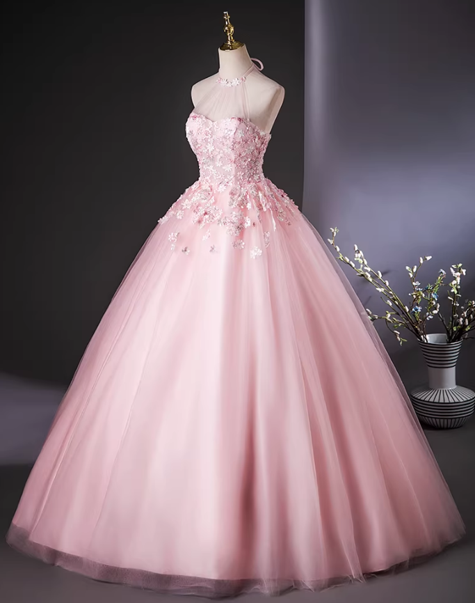 上品！カラードレス ピンク ホルターネック 花モチーフ フレアスカート 編み上げ ロング 披露宴