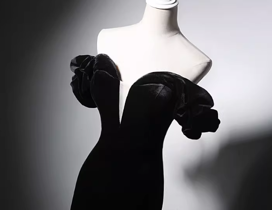 パーティードレス ブラック オフショルダー フリル袖 ビロード マーメイドライン ロング 披露宴