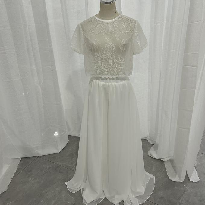 実例写真！パーティードレス ツーピース 流れる透け花レース ロング ふんわりシフォン 前撮り 挙式