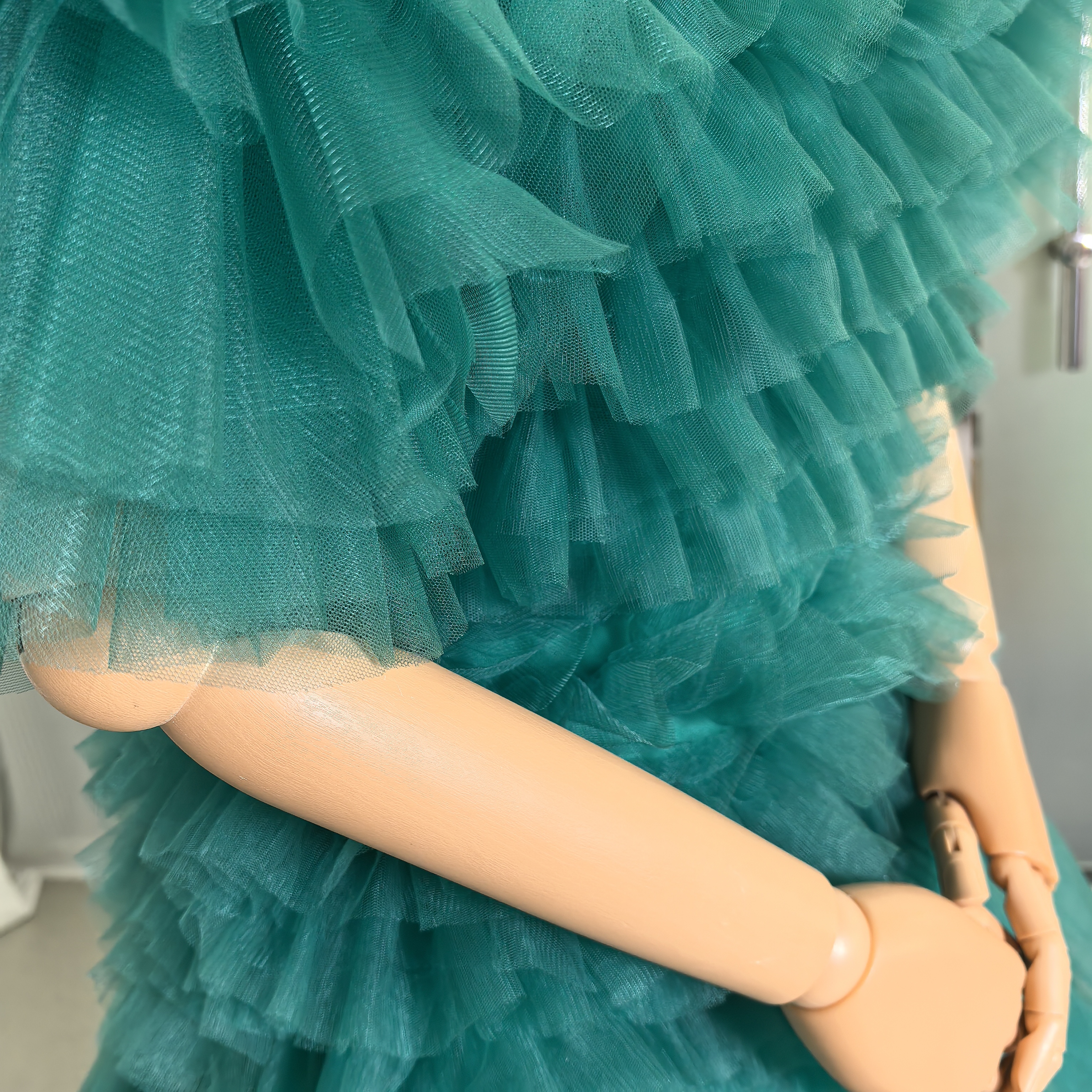 豪華！カラードレス+トップス ブルーグリーン 柔らかく重ねたチュールスカート 短トレー 前撮り 演奏会/音楽会