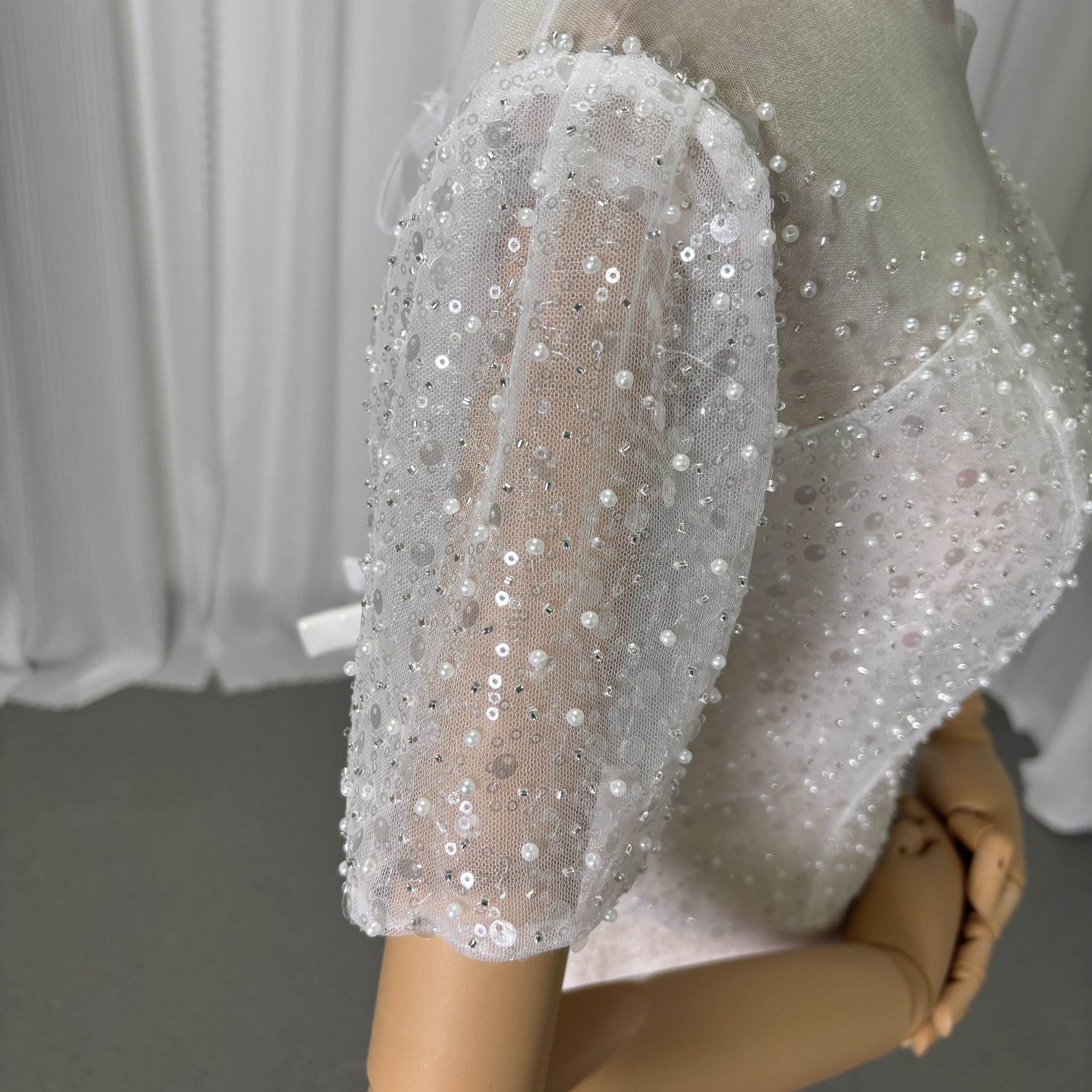トップス 短袖 シークインチュール パール ハンドメイド 編み上げ 結婚式/ウェディングドレス