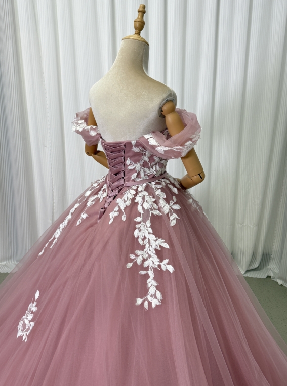 カラードレス ピンク オフショルダー エレガントレース Aライン 編み上げ 披露宴