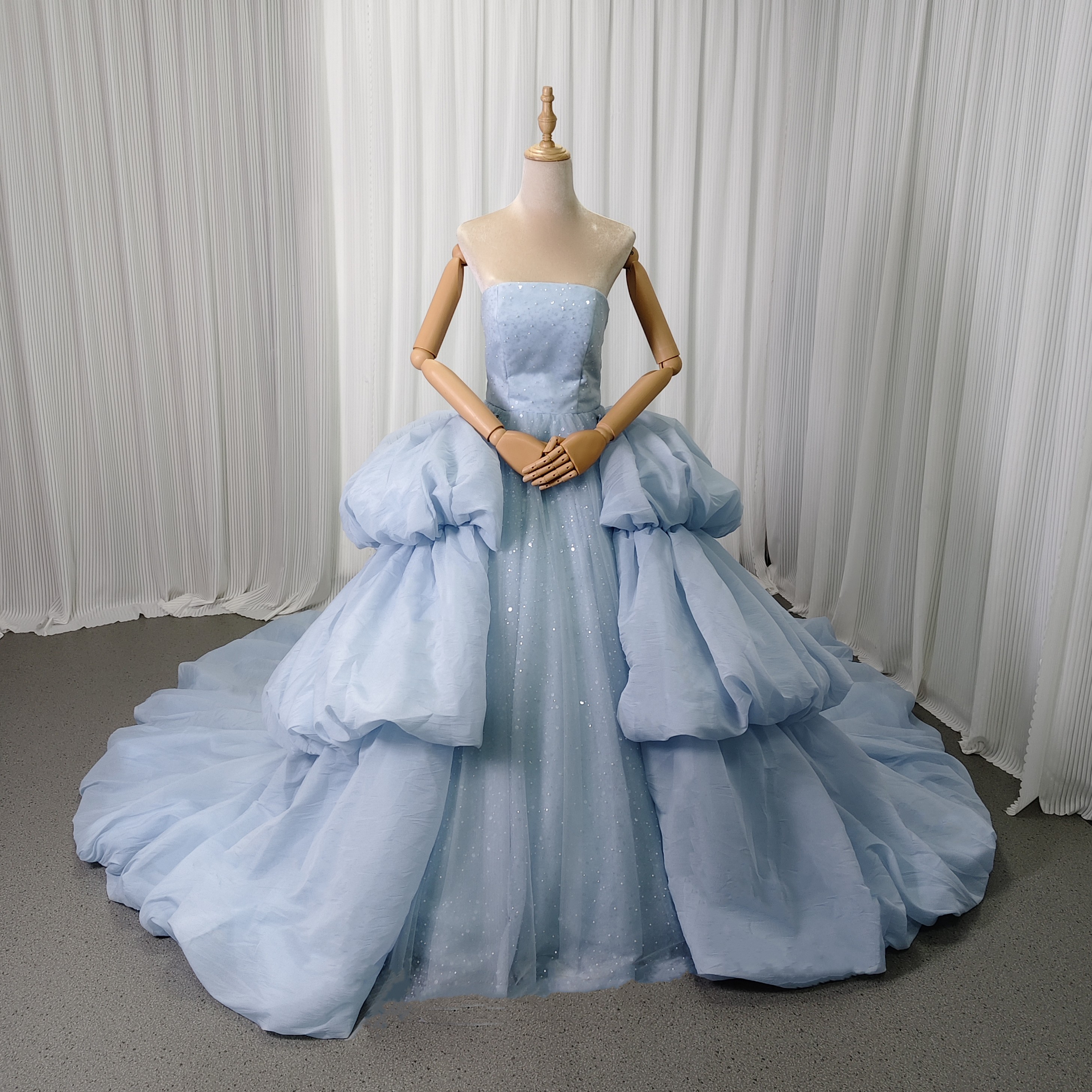 美品！カラードレス 水色 パフスリーブ ツーピース ラッフルフリル キラキラチュール リボントレーン 花嫁