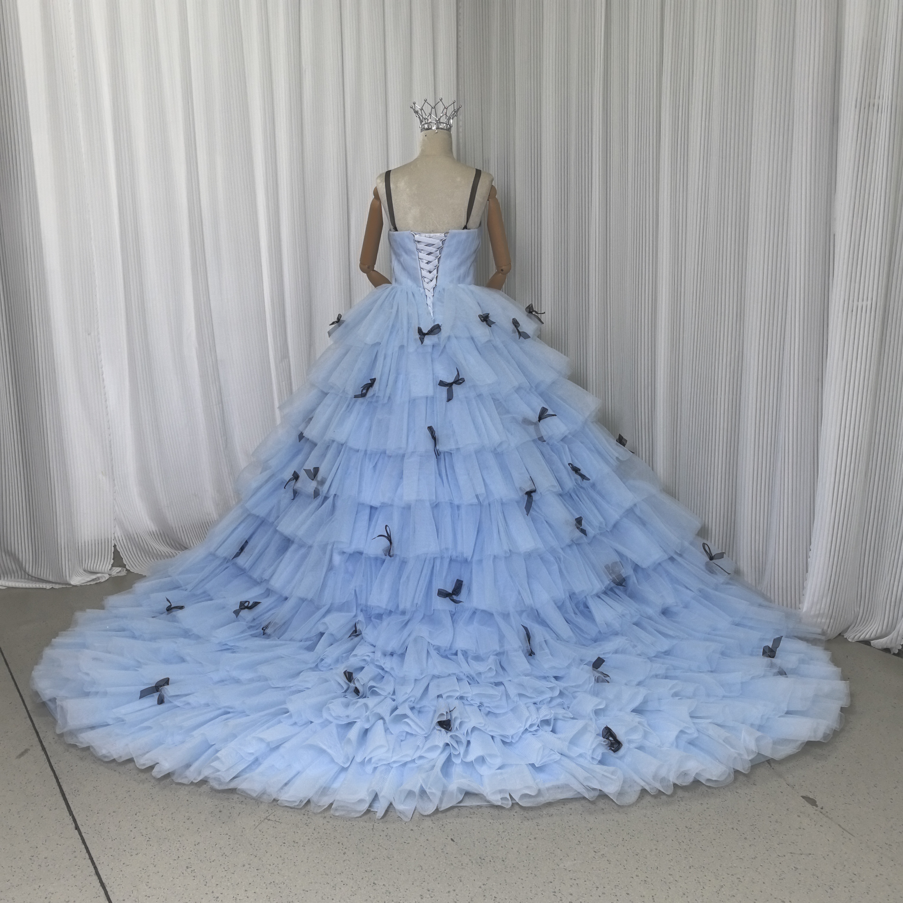 カラードレス ブルー ベアトップ リボン プリンセスライン チュールドレス 編み上げ 花嫁